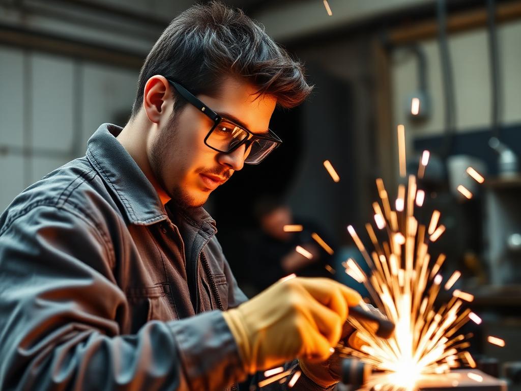 Trade school apprentice welding in a vocational workshop
