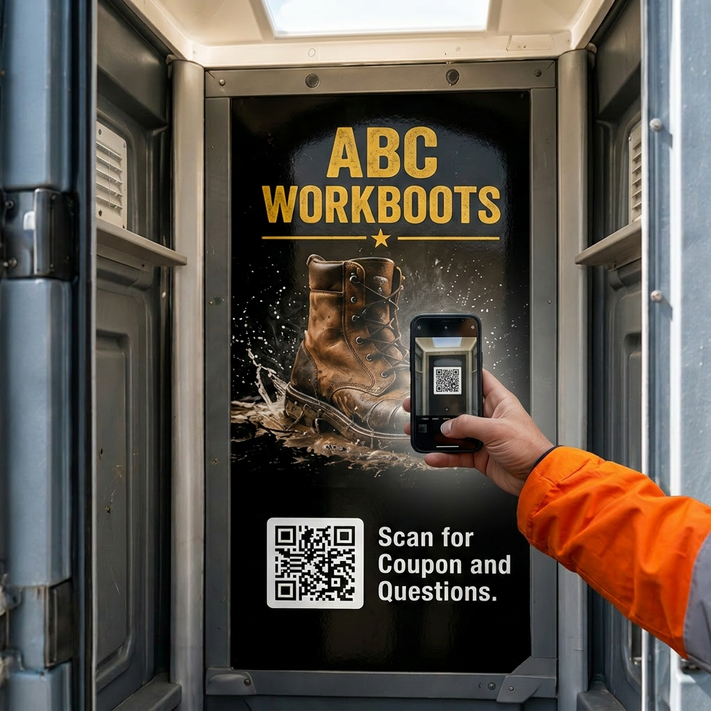 Worker scanning a QR code on an ABC Workboots ad decal inside a job-site porta-potty